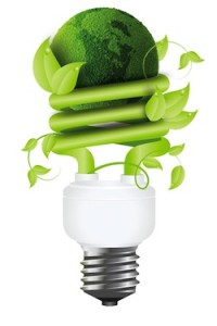 light bulb with vines and a green globe, illustrating energy efficient lighting