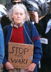 Priscilla Backman pictured at an anti-war protest.